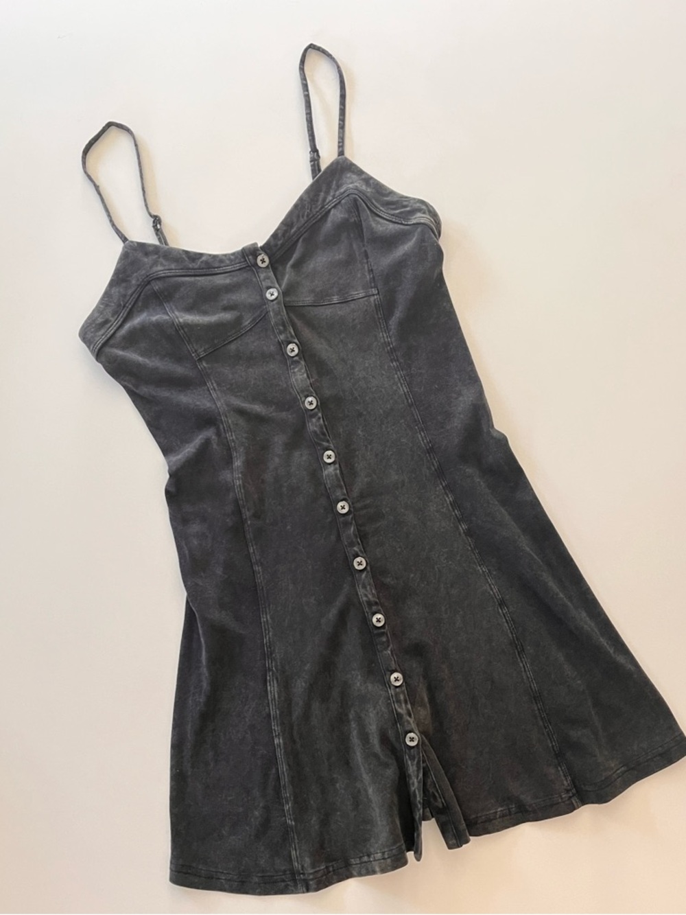 Grunge Button-Front Acid-wash Black Slip Mini Dress- American Eagle, XS, Cotton